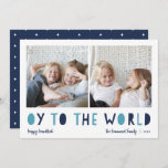 Oy to the World | 2 Photo Hanukkah Holiday Card<br><div class="desc">Whimsical Hanukkah photo card features two of your favorite family photos in a square format aligned side by side. "Oy to the World" appears beneath in blue cutout lettering. Personalize with your family name or names, custom greeting, and the year along the bottom. A funny and modern Hanukkah card designed...</div>