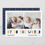 Oy to the World | 2 Photo Hanukkah Holiday Card<br><div class="desc">Whimsical Hanukkah photo card features two of your favorite family photos in a square format aligned side by side. "Oy to the World" appears beneath in blue and golden yellow cutout lettering. Personalize with your family name or names, custom greeting, and the year along the bottom. A funny and modern...</div>