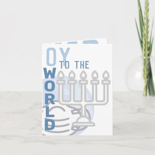 Oy To The World Funny Hanukkah Menorah Folded Blue Holiday Card