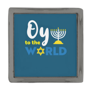 Oy To The World, Funny Happy Hanukkah Gunmetal Finish Lapel Pin