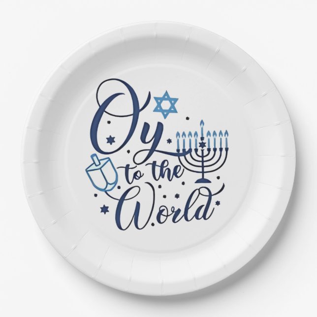 Oy to the World Hanukkah Jewish Funny  Paper Plates (Front)