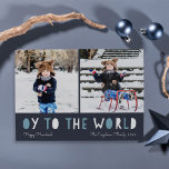 Oy to the World | Hanukkah Photo Card<br><div class="desc">Whimsical Hanukkah photo card features two of your favorite family photos in a square format aligned side by side. "Oy to the World" appears beneath in blue and white cutout lettering. Personalize with your family name or names, custom greeting, and the year along the bottom. Cards reverse to a pattern...</div>