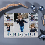 Oy to the World | Hanukkah Photo Collage Card<br><div class="desc">Whimsical Hanukkah photo card features five of your favorite family photos in a collage layout "Oy to the World" appears beneath in blue cutout lettering. Personalize with your family name or names, custom greeting, and the year along the bottom. Cards reverse to a pattern of white snow on blue stripes....</div>