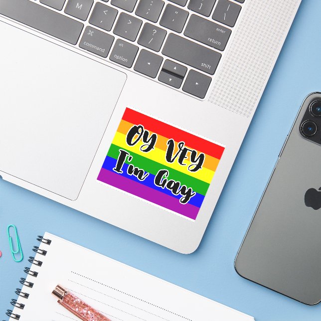 Oy Vey, I'm Gay Rainbow Flag Cute Funny Sticker (Laptop w/ iPhone)