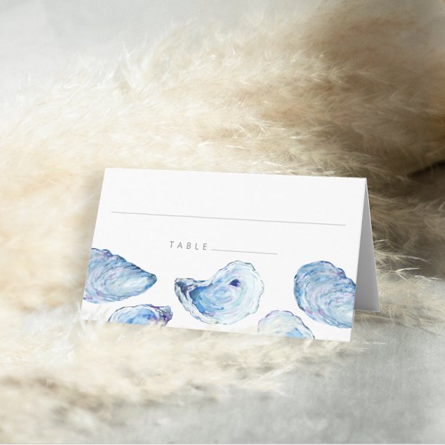 Oyster Blue Watercolor Beach Wedding Lined Place Card (Oyster Wedding Folded Place Cards with elegant blue watercolor illustration from Concertina Press)
