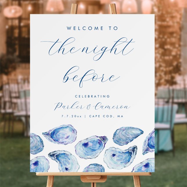 Oyster Blue Watercolor Rehearsal Dinner Sign (Blue Oyster Shell Watercolor Night Before Rehearsal Dinner Welcome Sign from Concertina Press)