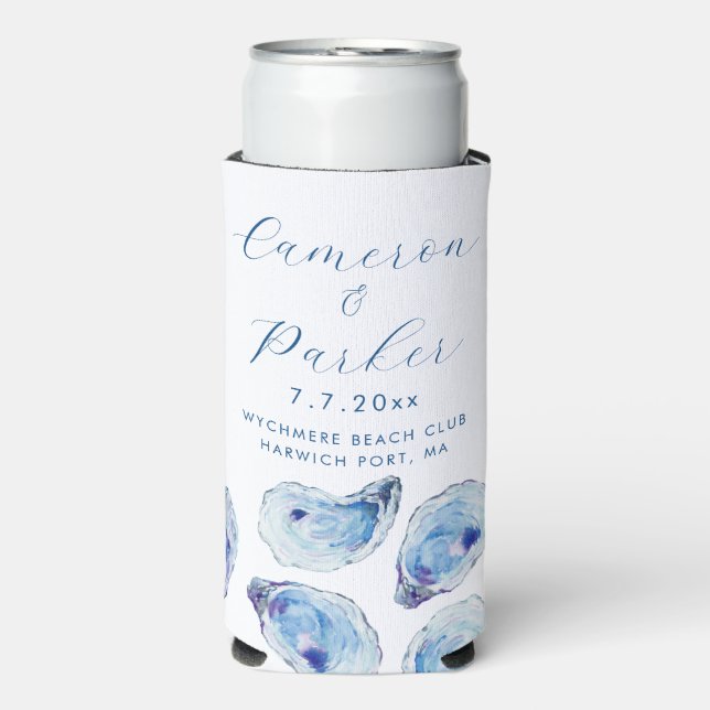 Oyster Blue Watercolor Wedding Favor Seltzer Can Cooler (Seltzer Front)