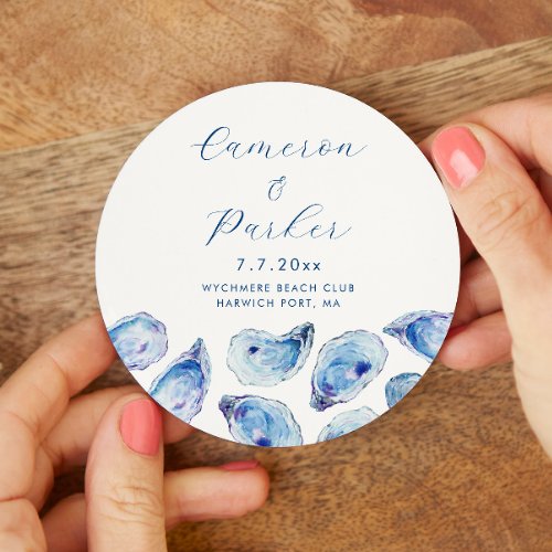 Oyster Blue Watercolor Wedding Round Paper Coaster