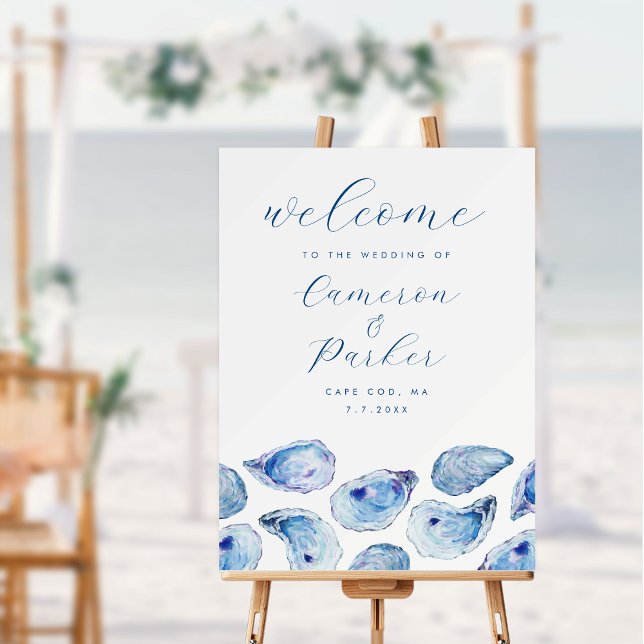 Oyster Blue Watercolor Wedding Welcome Sign (Oyster Watercolor medium Wedding welcome sign with elegant blue oyster shells from Concertina Press)