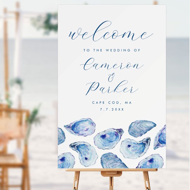 Oyster Blue Watercolor Welcome Sign (Oyster Beach large Wedding welcome sign with elegant blue watercolor oyster shells. Concertina Press)