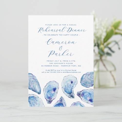 Oyster Casual Wedding Rehearsal Blue Watercolor Invitation