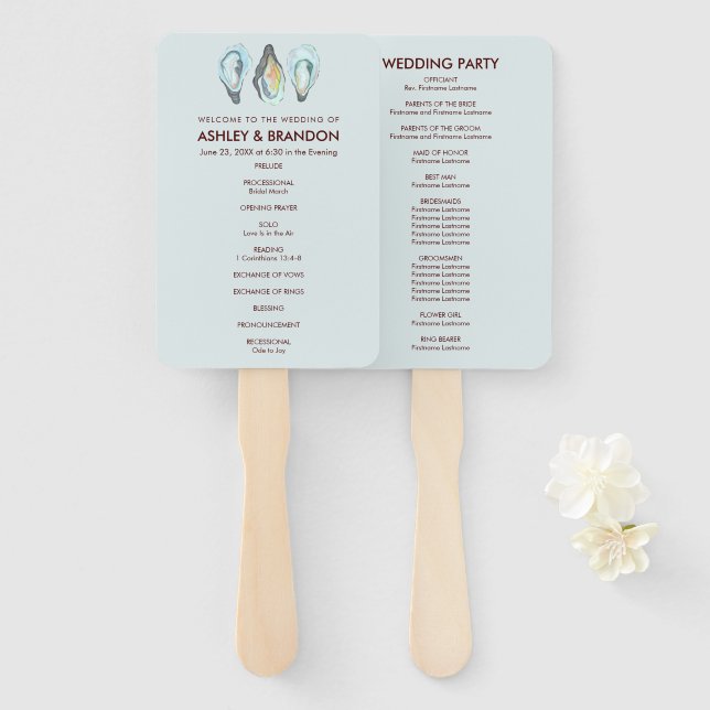 Oyster Coastal Seaside Wedding Program Hand Fan (Front and Back)