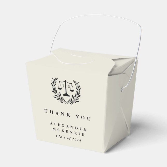 Oyster/Cream JD Law Scales+Laurel Graduation Favor Boxes (Front Side)