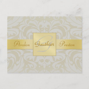 Oyster Damask Gold Monogram Save The Date Postcard
