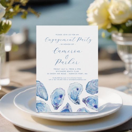 Oyster Engagement Party Blue Watercolor Invitation