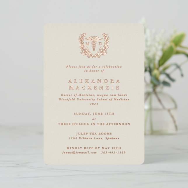 Oyster MD Caduceus+Laurel Wreath Graduation Foil Invitation (Standing Front)