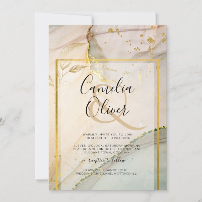 Oyster Pearl Gold WEDDING Alcohol Ink Abstract Invitation (Front)