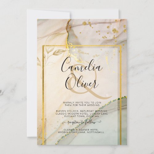 Oyster Pearl Gold WEDDING Alcohol Ink Abstract Invitation