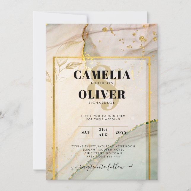 Oyster Pearl Gold WEDDING Alcohol Ink Abstract Invitation (Front)