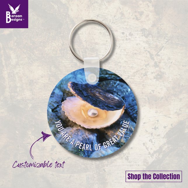 OYSTER Pearl of Great Value Custom Christian Keychain (Blue OYSTER aesthetic keychain with CUSTOMIZABLE Christian Bible verse. Ideal gift for her.)