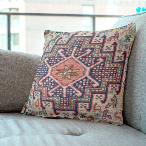 Oyster Pink Anatolian Pattern Turkish Kilim Rug Throw Pillow