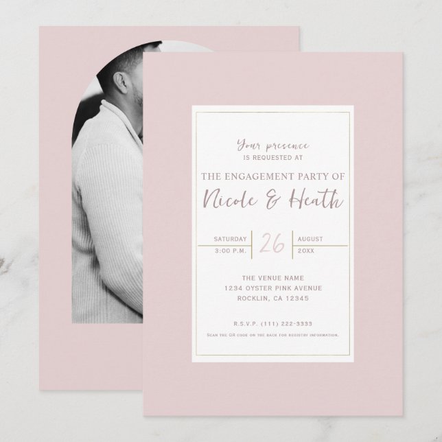 Oyster Pink & Gold Modern Minimal Engagement Invitation (Front/Back)