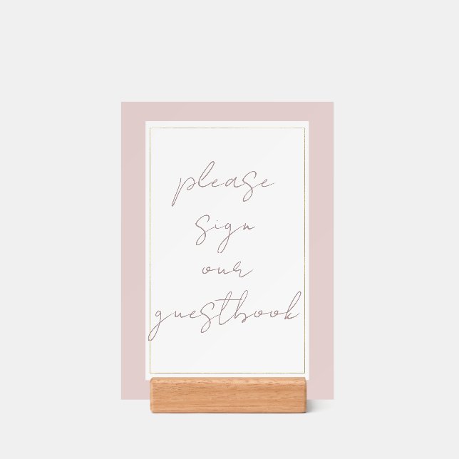 Oyster Pink & Gold Modern Wedding Guestbook Sign Holder (Woodblock)