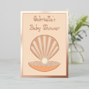 Oyster shell and Pearl Gender Neutral Baby Shower Foil Invitation