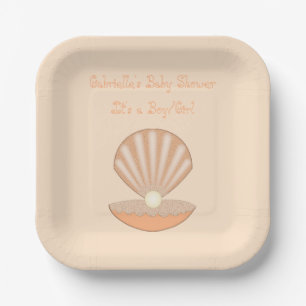 Oyster shell and Pearl Gender Neutral Baby Shower Paper Plates