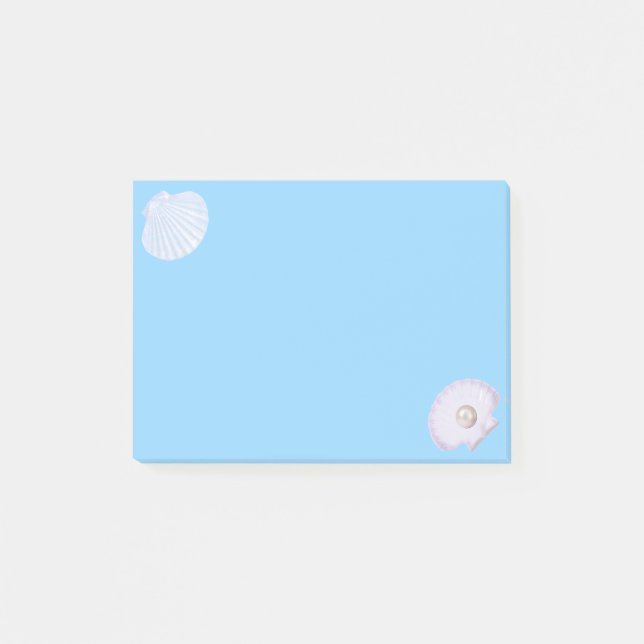 Oyster shell with pearl on light blue post-it notes (Front)