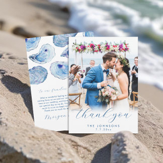 Oyster Watercolor Beach Wedding Flat Photo Thank You Card