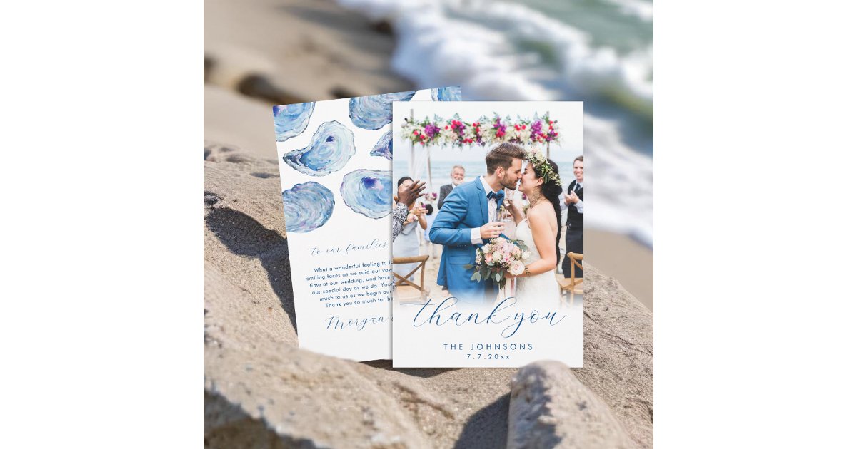 Oyster Watercolor Beach Wedding Flat Photo Thank You Card | Zazzle