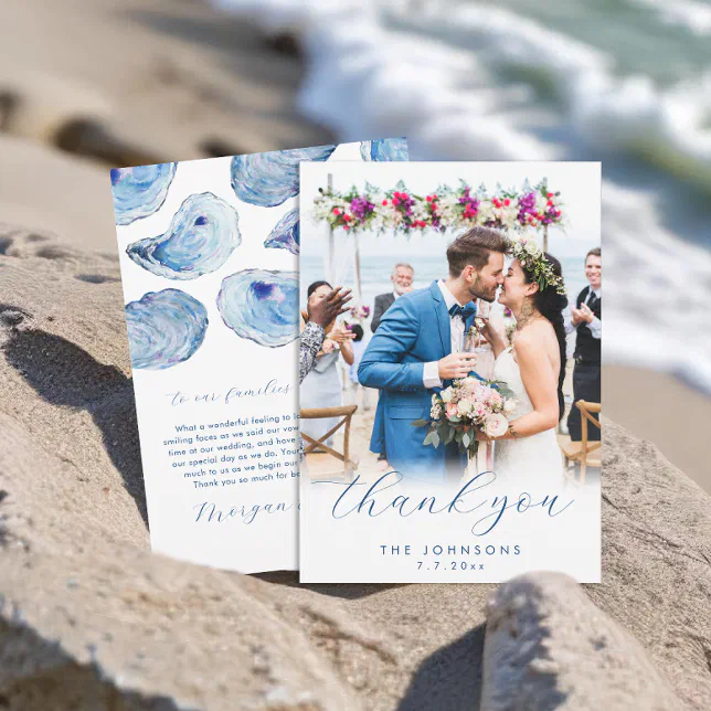 Oyster Watercolor Beach Wedding Flat Photo Thank You Card | Zazzle