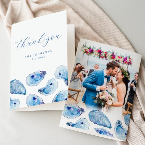 Oyster Watercolor Beach Wedding Folded Photo Thank You Card