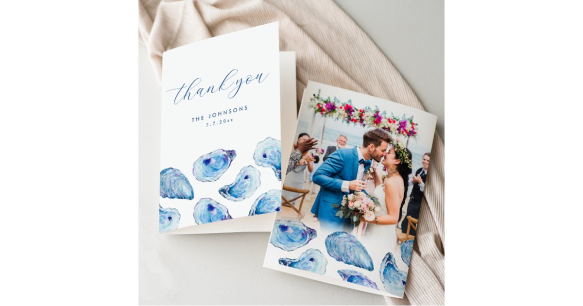 Oyster Watercolor Beach Wedding Folded Photo Thank You Card | Zazzle