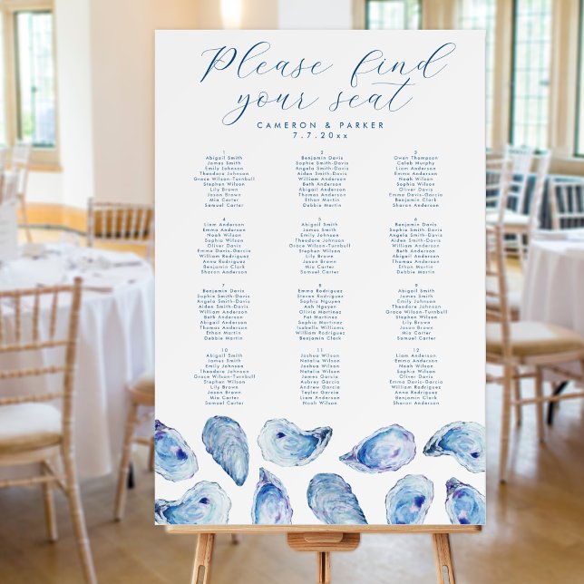 Oyster Watercolor Wedding Seating Chart Foam Board (Oyster Beach Wedding Seating Chart with elegant blue watercolor oyster shells from Concertina Press)