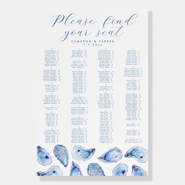 Oyster Wedding Alphabetized Seating Chart Foam Board (Front)