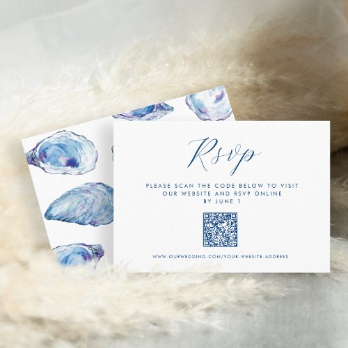 Oyster Wedding QR RSVP Blue Watercolor  Enclosure Card