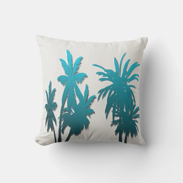 Oyster White Teal Aqua Blue Tropical Palm Tree Outdoor Pillow (Front)