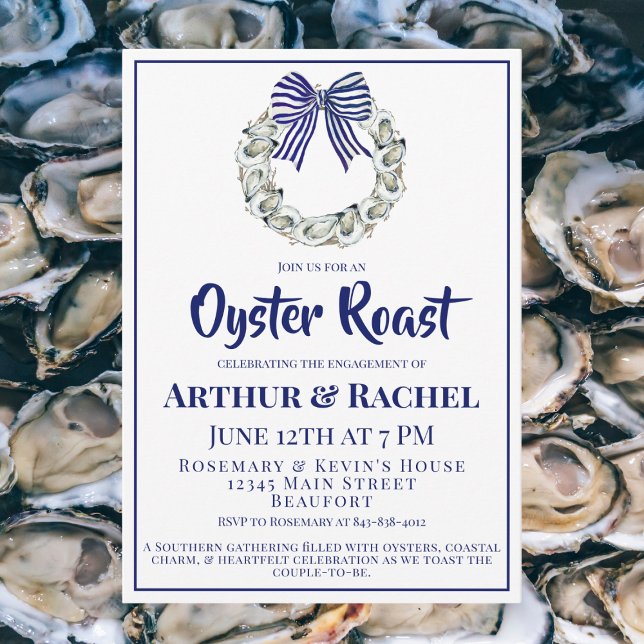 Oyster Wreath Blue Striped Ribbon Engagement  Invitation (Creator Uploaded)