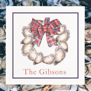 Oyster Wreath Plaid Ribbon Border Personalized  Napkins