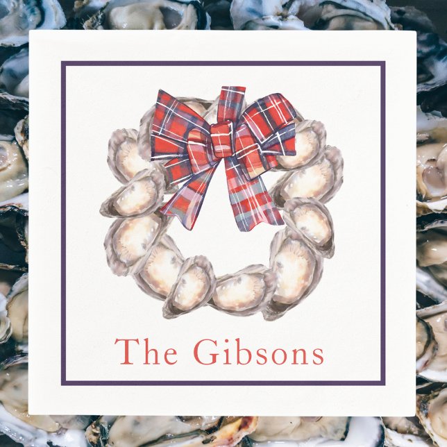 Oyster Wreath Plaid Ribbon Border Personalized  Napkins (Creator Uploaded)