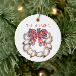 Oyster Wreath with Plaid Ribbon Personalized Ceramic Ornament