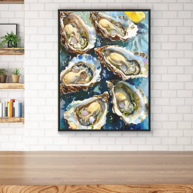 Oysters Art Coastal Kitchen Restaurants & Foodies Canvas Print (Oysters on the half shell bright kitchen restaurant watercolor art for foodies)