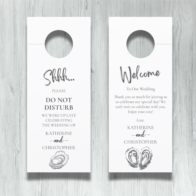 Oysters Black White Shhh Do Not Disturb Wedding Door Hanger (Oysters Black and White Shhh Do Not Disturb Wedding Door Hanger with Custom Message on Back.)