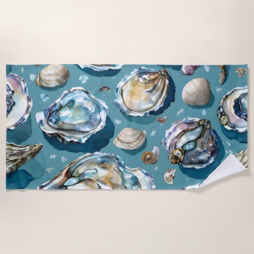 Oysters Clams Seashells Pattern Blue Beach Towel