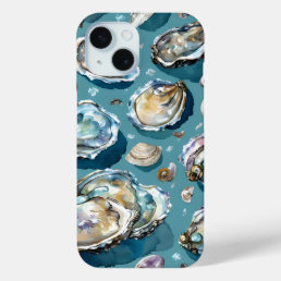 Oysters Clams Seashells Pattern Blue iPhone 15 Case