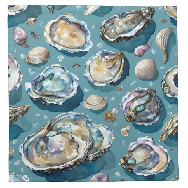 Oysters Clams Seashells Pattern Blue Cloth Napkin (Front)