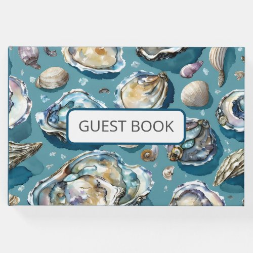 Oysters Clams Seashells Pattern Blue Guest Book