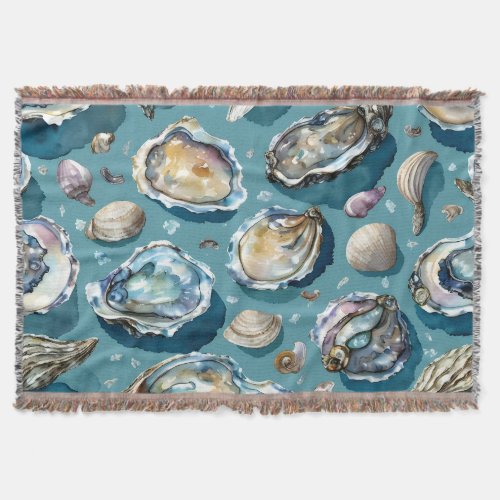 Oysters Clams Seashells Pattern Blue Throw Blanket